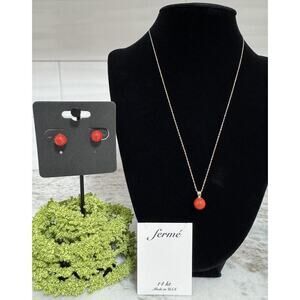 14k Gold Chain Coral Ball Bead Necklace & Earrings Set